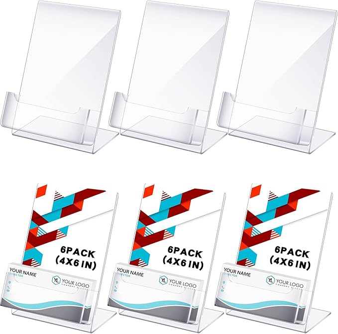 Crtiin 6 Pcs Acrylic Slanted Sign Holder with Business Card Holders Clear Display Stand Flyer Stand with Gift Card Holder for Office Table Advertisement Brochure (4 x 6 Inch,Side Insert)