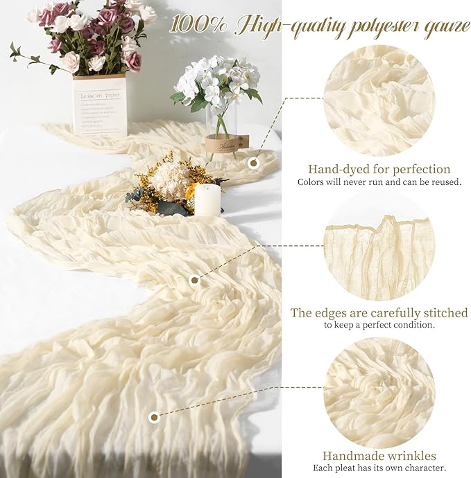 15 Packs Cheesecloth Table Runner - Ivory, 10 Ft Light Beige Gauze Boho Wedding Table Runner - Boho Wedding Table Decor - 21.5x120in