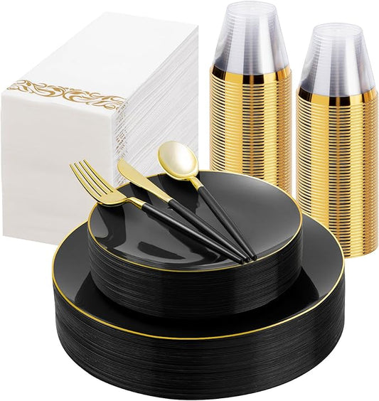 175 Pieces Black Gold Plastic Dinnerware Set, Gold Disposable Plates for Party, Include 50 Black Plates with 75 Plastic Cutlery, 25 Napkins and 25 Cups