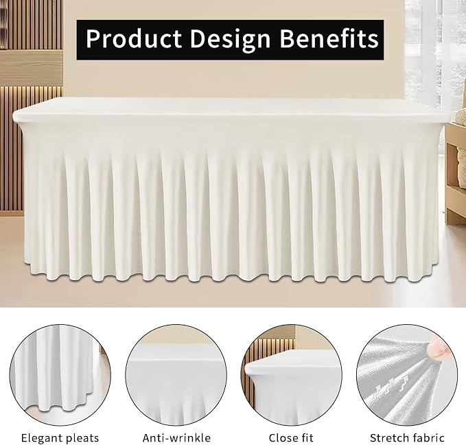 2 Pack White Table Skirt, Wrinkle-Free Spandex Table Covers 6ft, Elastic Fitted Washable Tablecloth for Rectangle Tables for Wedding, Banquet, Party, Events