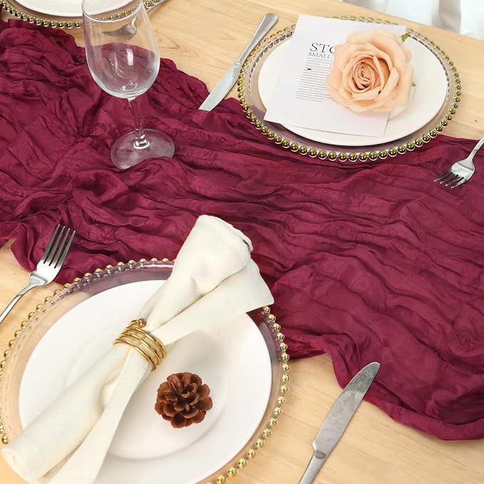 6 Pack Burgundy Red Cheesecloth Table Runner 120 Inch 10FT Cheese Cloth Fabric Runners for Banquet, Valentine's Day, Independence Day, Retro Decoration