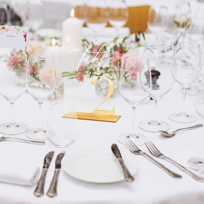 Acrylic Wedding Table Numbers 1-10 with Stands, 5"x7" Clear Acrylic Signs with 3D Gold Mirror Numbers, Clear and Gold 3D Table Numbers for Wedding Reception, Anniversary, Event