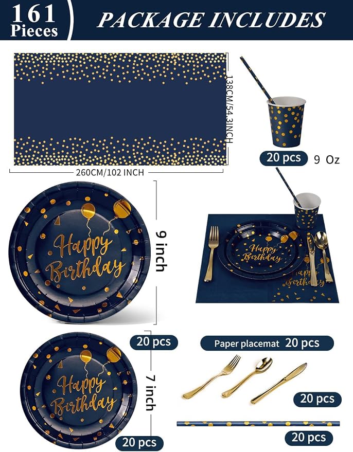 Nkaiso Birthday Party Tableware, 161 Pieces Navy Blue Gold Party Supplies, Party Dinnerware Sets Include Paper Plates Napkins Cups Silverware, for Shower Engagement Parties Decoration -20 Serves