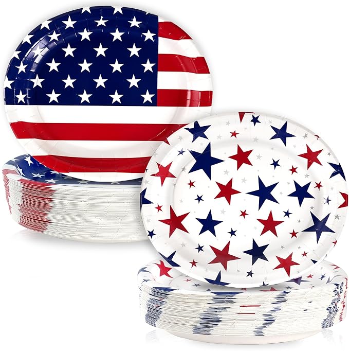 Patriotic Party Decoration Plates Set, 100Pcs 4th of July American Flag Red White Blue Disposable Paper Plates and Napkins Heavy Duty for Independence Day, Veterans Day, Election Day Party Supplies