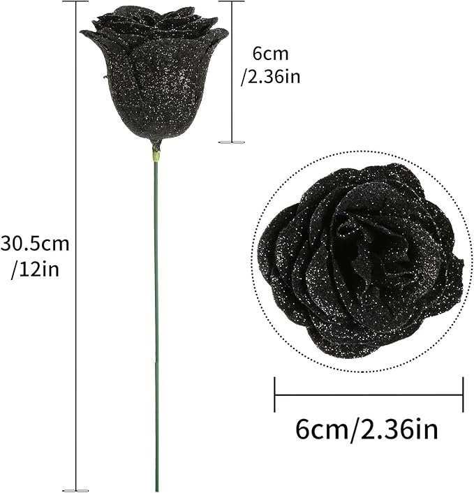 Roses Artificial Flowers,30PCS Black Glitter Roses Silk Roses for Wedding Bouquet Party Christmas Home Decor(Black)