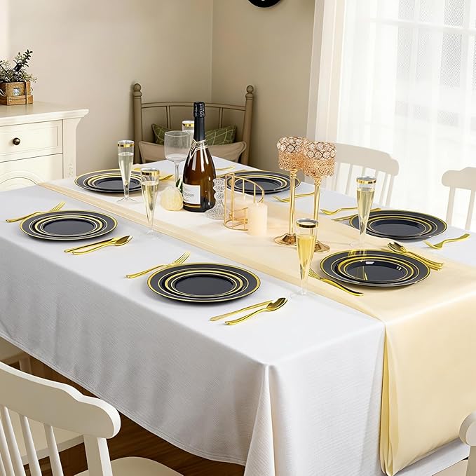 BESTVIP 100PCS Black Plastic Plate with Gold Rim, Disposable Party Plates with 50 Dinner Plates and 50 Dessert Plates, Plastic Plates for Party, Wedding and Birthday