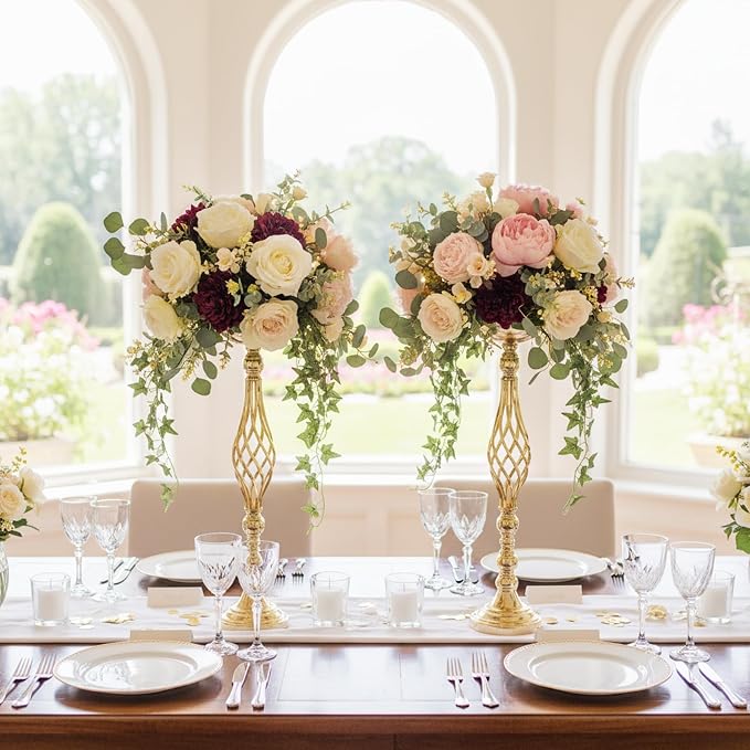 Gold Wedding Vases for Table Centerpieces - Set of 10 Twist Candleholder Stands, Elegant Floral Arrangement Vases, Metal Centerpieces for Reception Table Wedding Road-Leading Home Decor