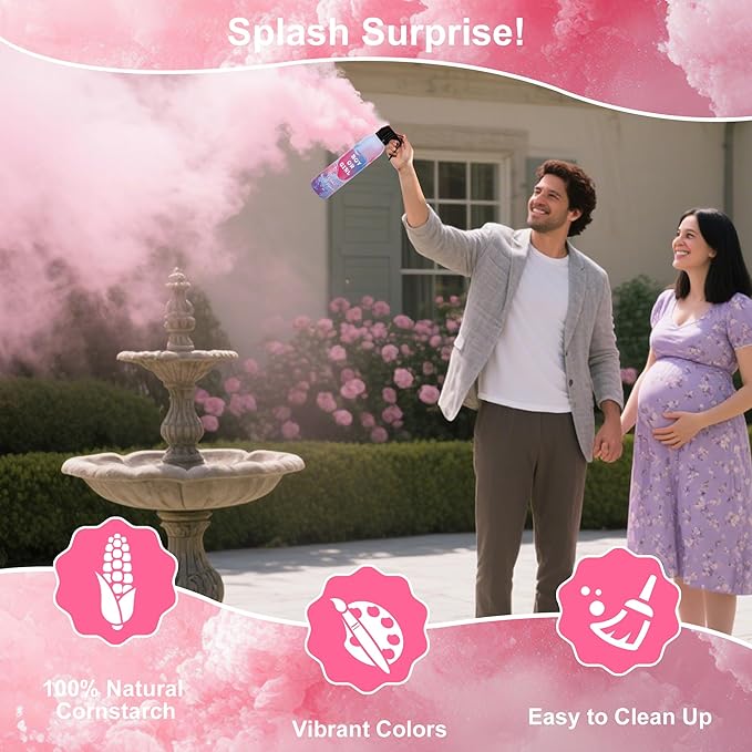 Colored Gender Reveal Cornstarch Spray 2 Packs, Pink Powder Spray for Baby Girl Reveal, Long-Lasting 10ft Smoke Effect, Unique Gender Reveal Ideas & Party Decorations
