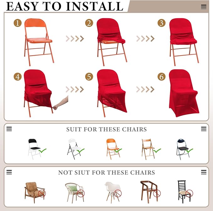 Newwiee 50 Pcs Spandex Chair Covers Bulk - Stretch Folding Flat Front Fitted Universal Chair Protector Pack Removable Washable for Wedding Party Dining Banquet Event (Red)