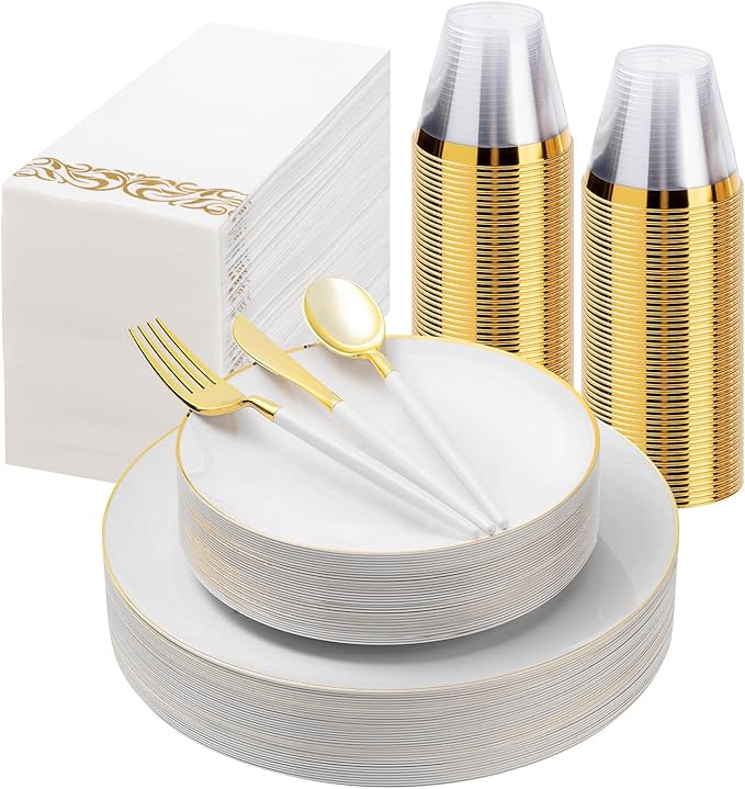 Bestluck 175PCS White Plastic Dinnerware Set, White Plastic Plates for 25 Guests, Include 50 White Gold Plates with 75 Plastic Cutlery, 25 Napkins and 25 Cups