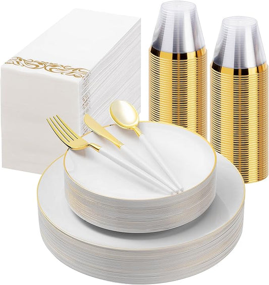 175 Pieces White Gold Plastic Dinnerware Set, Gold Disposable Plates for Party, Include 50 White Plates with 75 Plastic Cutlery, 25 Napkins and 25 Cups