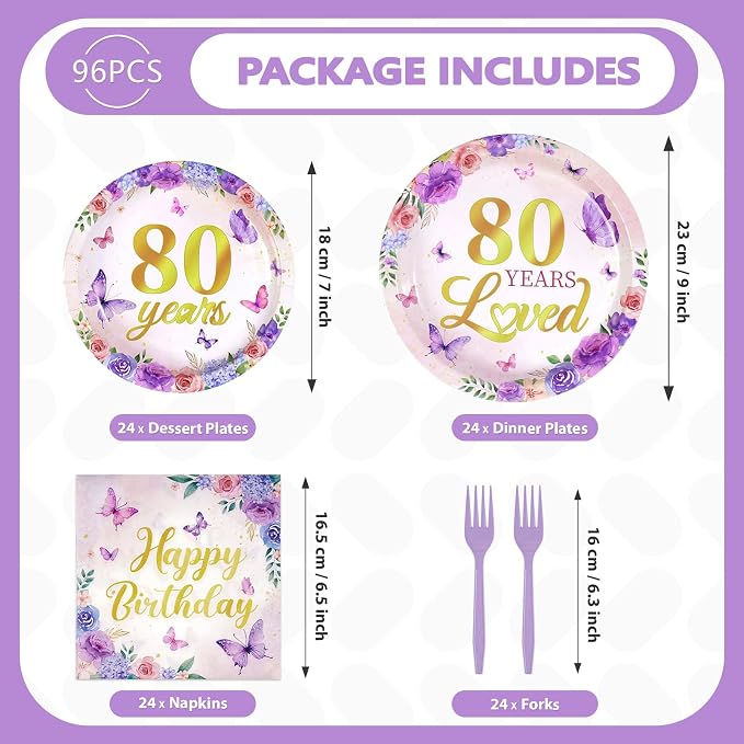 96Pcs 80th Birthday Party Decoration Purple Floral Butterfly Plates and Napkins 80 Years Loved Tableware Set for 1946 Woman 80 Year Old Mom Grandma Birthday Party Supplies Serves 24