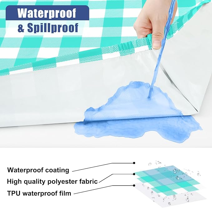 Smiry Picnic Table Cloth 6 Pack, Waterproof Elastic Fitted Tablecloths for 4FT Rectangle Tables, Washable Polyester Buffalo Plaid Tablecloth for Camping, Dining & Outdoor (Teal & White, 30" x 48")