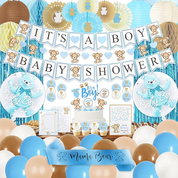 210 PC Teddy Bear Baby Shower Decorations for Boy Kit- It's a BOY Pre-Strung Banners, Garland, Streamers Guestbook Mommy Sash Blue Brown Balloons Cake Toppers Paper Fans Lantern Games & Favor Stickers