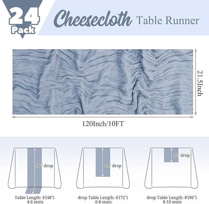 24 Pack Dusty Blue Table Runner 10Ft Cheesecloth Table Runner Rustic Gauze Table Runners Romantic Long Sheer Fabric Cheese Cloth Table Runners for Wedding Party Bridal Baby Shower