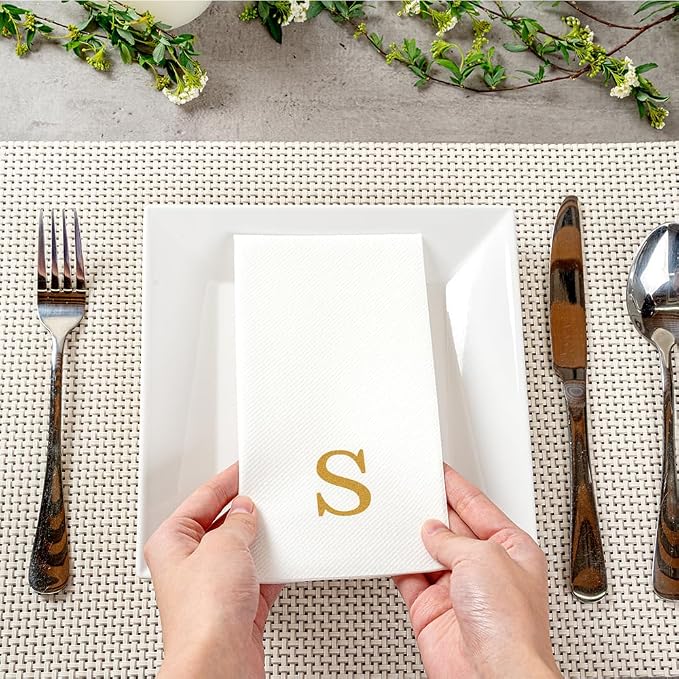 Luxenap 15.8 X 7.9 Inch Linen-Feel Guest Towels, 50 Lettered Hand Towels - Gold Letter 'S', Sans Serif Font, White Paper Dinner Napkins, airlaid, For Restrooms And Tables