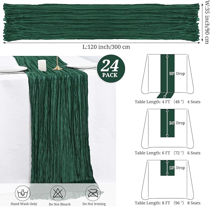 24 Pack Dark Green Cheesecloth Table Runners,10FT Boho Gauze Table Runner,35x120inch Rustic Table Runner for Wedding Party Bridal Shower Thanksgiving Christmas Boho Table Decoration