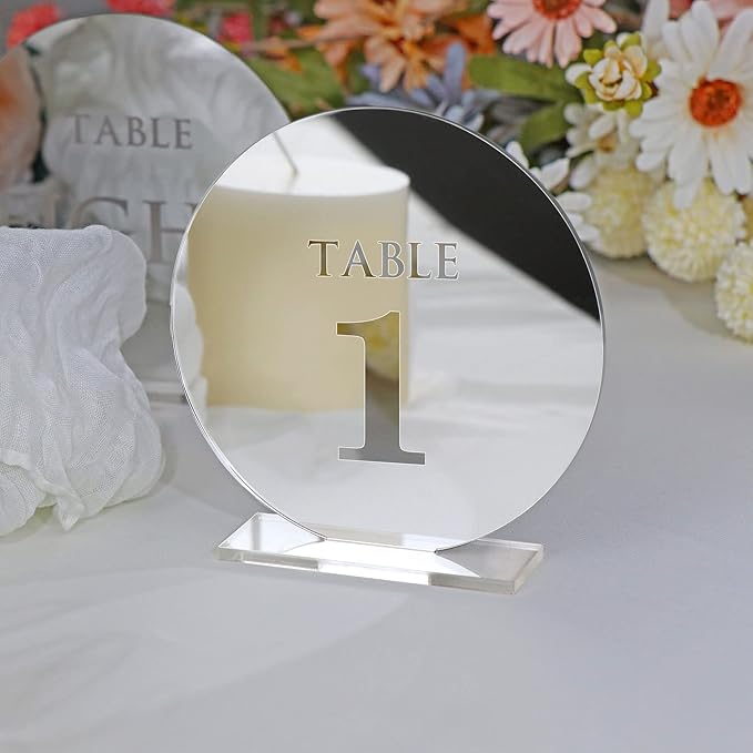 Acrylic Wedding Table Numbers 1-10 with Stands,4.8"Round Mirror Silver Table Number Signs and Holders for Wedding Reception, Party, Event, Centerpiece Decoration
