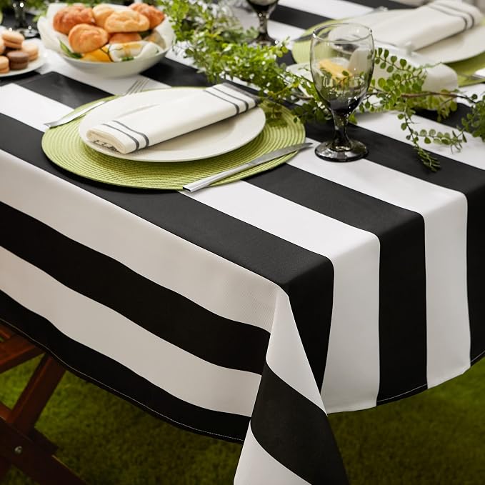 DII Cabana Stripe Outdoor Zippered Tabletop Collection, Stain/Wrinkle Resistant & Waterproof, 60x84, Black