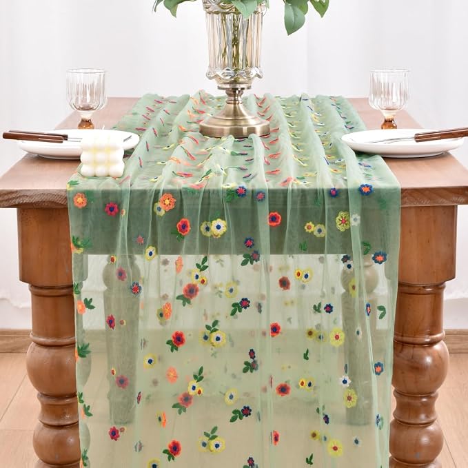Joanlody 6pcs Sage Green Summer Flower Table Runner 10ft Embroidery Daisy Floral Seasonal Tulle Table Runner for Home Garden Tea Party Holiday Birthday Decoration