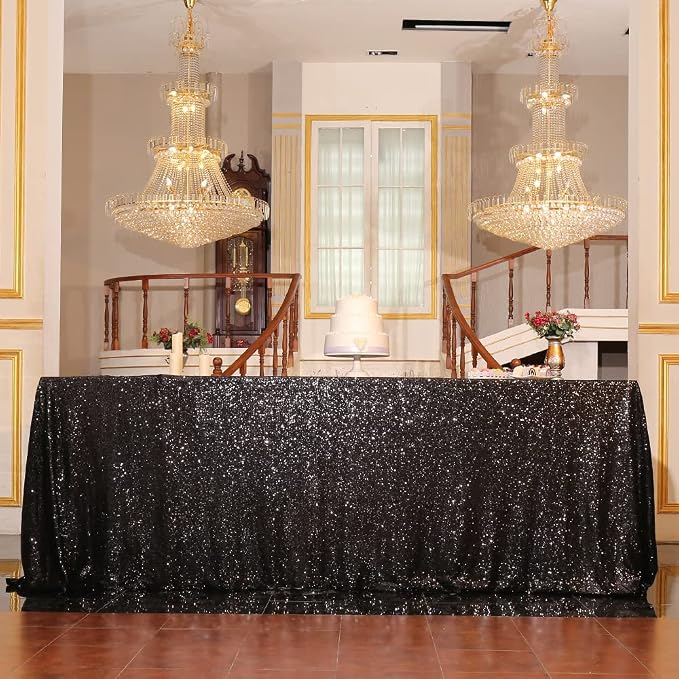 Eternal Beauty Black Tablecloth, 90x156 Inch Sequin Rectangle Table Cover for Cake Dessert Exhibition Party Birthday Events