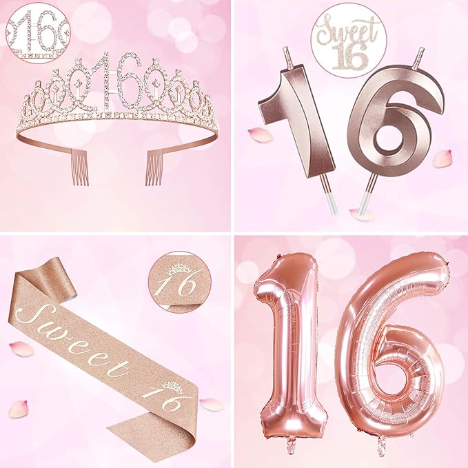 Sweet 16 Birthday Party Decorations for Girls, Sweet 16 Sash and Tiara, Cake Topper and Candles, Number Balloons, 16th Birthday Gifts for Girls