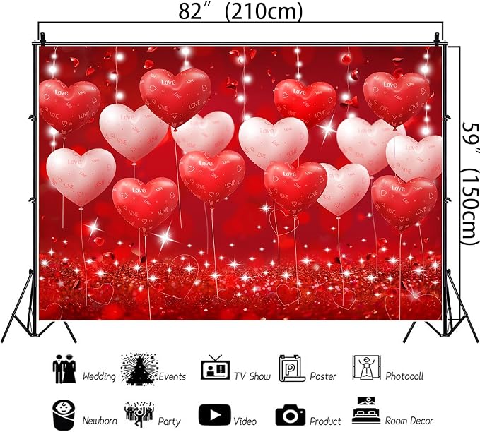 Red Hearts Balloons Anniversary Backdrop Banner 7x5ft Romantic Love Theme Photo Background For Anniversary Engagement Wedding Bridal Shower Couples Date Night Party Decorations Photo Booth (82x59inch)
