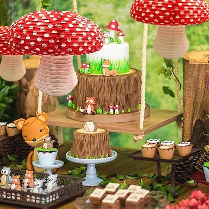 Folding Mushroom Paper Lantern Reusable Hanging Ornament Lamp Cover for Forest Garden Wonderland Theme Birthday Party Decoration Supplies (8 and 12 inches;8pcs)