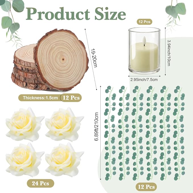 VIHOSE 60 Pcs Wooden Wedding Candle Centerpiece Includes 6.3"-7.1" Round Wood Slices, Eucalyptus Garlands, Flameless LED Candles and Artificial Roses for Wedding Country Farmhouse Table Decor, 12 Sets