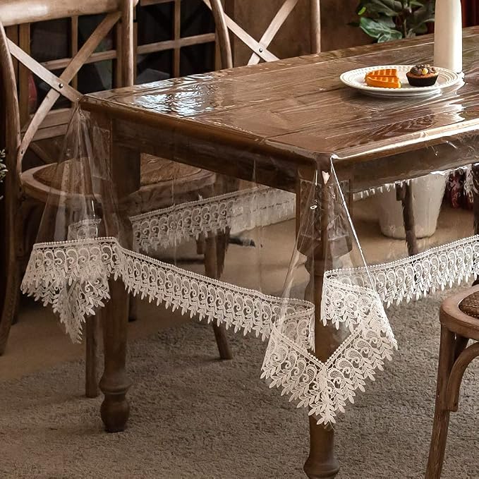 ARTABLE Vinyl PVC Rectangle Tablecloth Waterproof Clear Table Cover with Champagne Lace Macrame Border for Wedding Kitchen Home Outdoor Indoor Holidays Party Decor (Off White, 60 x 120 Inch)