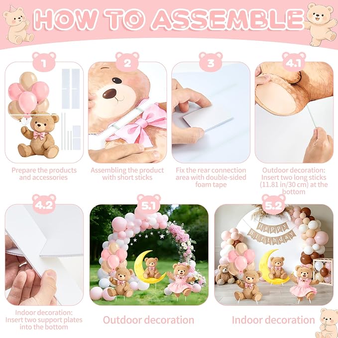 3Pcs Pink Bear Baby Shower Decorations, Large Moon Bear Cardboard Cutout Standup with Yard Stakes & Stands for Girls Bear Birthday Indoor Outdoor Photo Booth Props Cartoon Party Supplies