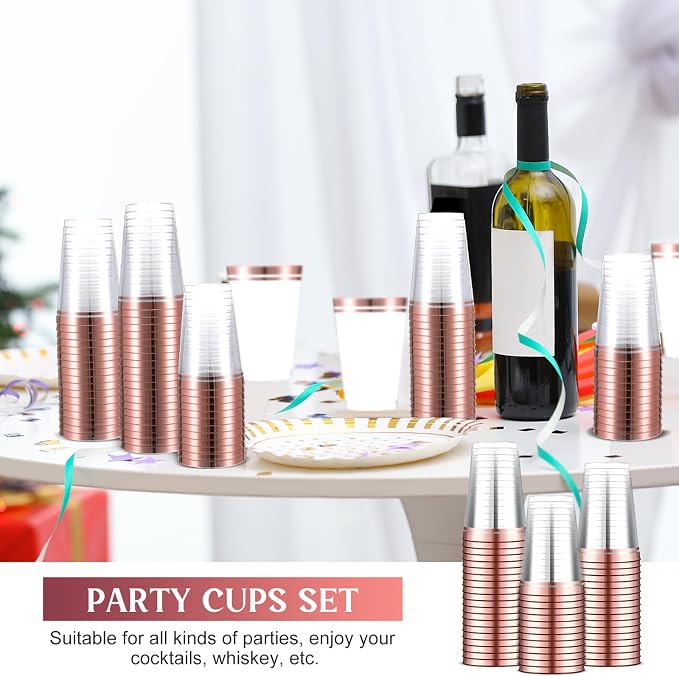 Sliner 50 Pcs Hard Plastic Cups Double Rimmed Plastic Cups Heavy Duty Fancy Wine Glasses for Holiday Christmas New Year Winter Birthday Party Supplies(14 Oz,Rose Gold)
