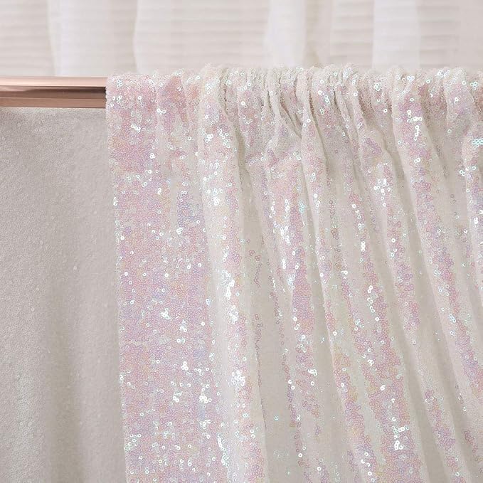 PartyDelight Iridescent White Sequin Backdrop 6x7ft 4 Inch Rod Pocket | Iridescent white 3mm sequins show pink and purple tones under light on mesh backing for photos arches stages and party walls