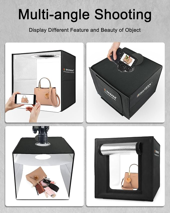 DUCLUS Light Box Photography, 16x16 Inch Photo Light Box with 160 Dimmable LED Lights (CRI 97+), 6 PVC & 2 Paper Backdrops, Portable Studio Box for Product Photography: Jewelry, Food, Shoes