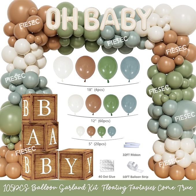 Let the Adventure Begin Baby Shower Decorations, 131 PCs Adventure Awaits Baby Shower Party Supplies with Mountain Backdrop, Balloon Garland, Mom to Be Sash for Boys Forest Woodland Party