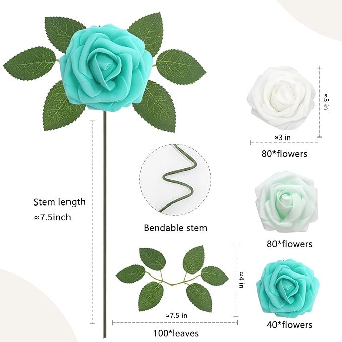 Artificial Flowers Roses Real Looking Foam Fake Roses with Leaves and for DIY Wedding Bouquets Bridal Shower Centerpieces Party Decorations (Green Series, 200)