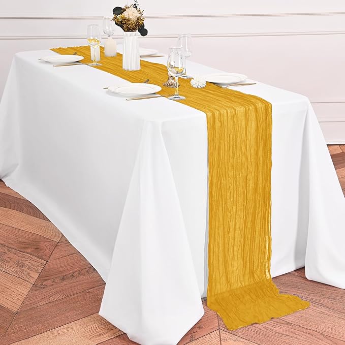 12 Pack Gold Table Runner 10Ft Cheesecloth Table Runner Rustic Gauze Table Runners Romantic Long Sheer Fabric Cheese Cloth Table Runners for Wedding Party Bridal Baby Shower