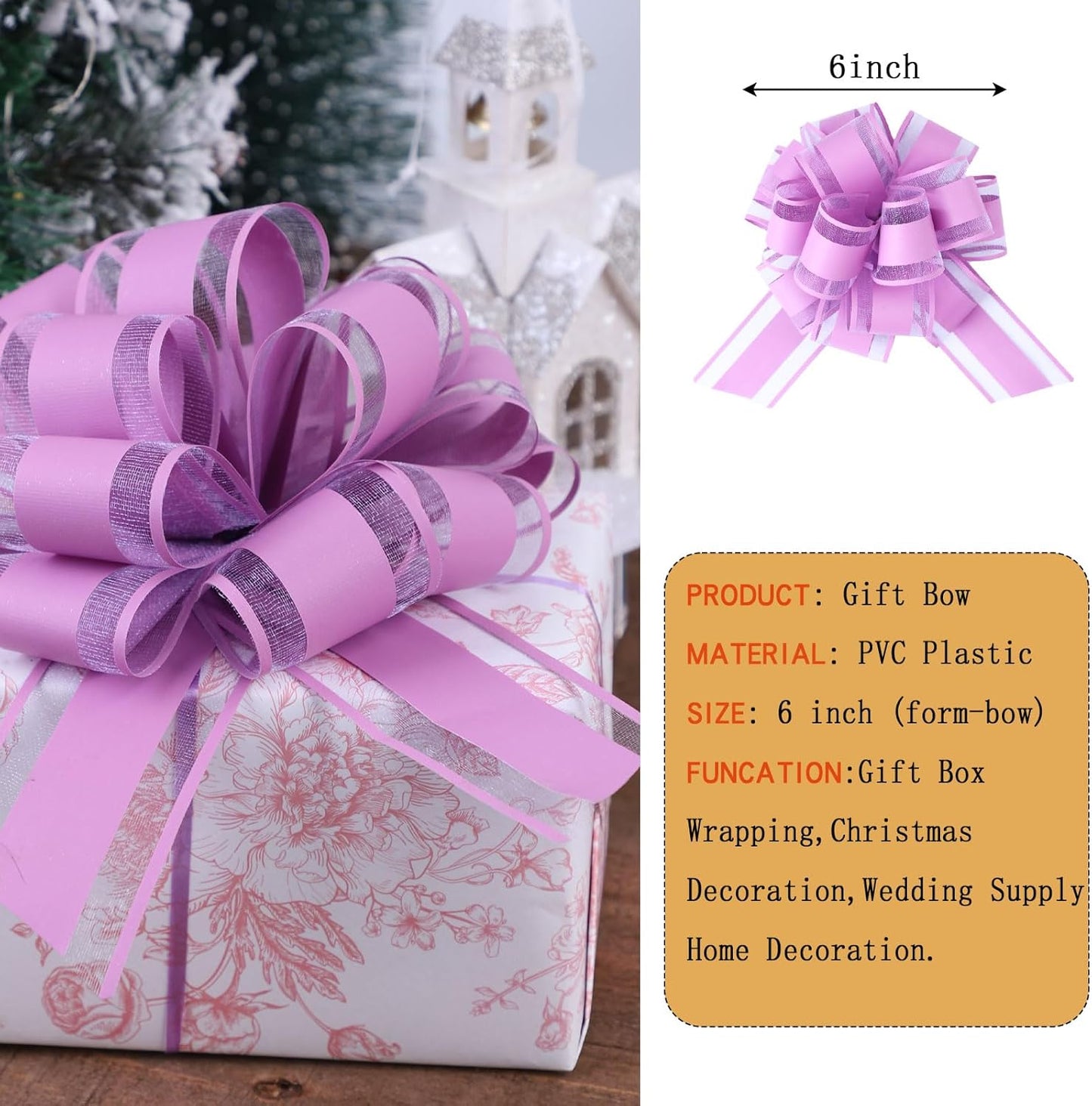 6Pcs 6inch Pull Bow Gift Wrapping,Pull Bow For Gift Basket, Gift Bag Box Wrapping Decor, Valentines Day, Birthday, Anniversary, Wedding, Flower Packaging (Purple)