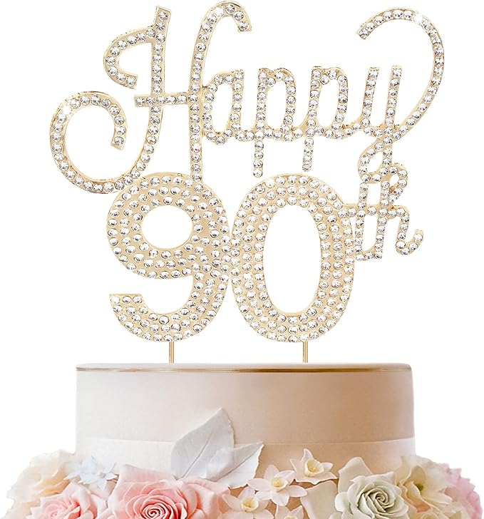 LINGTEER Happy 90th Birthday Gold Rhinestone Cake Topper - Cheers to 90th Birthday Ninety Years Old Anniversary Party Cake Centerpieces Topper Decorations Gift Sign.