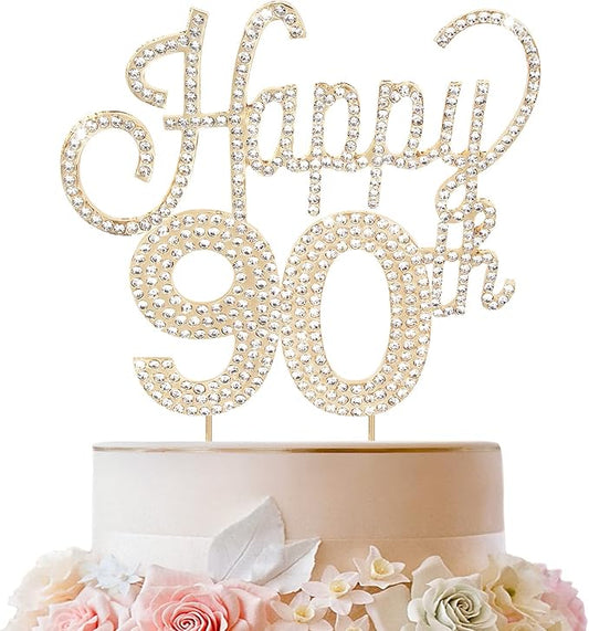 LINGTEER Happy 90th Birthday Gold Rhinestone Cake Topper - Cheers to 90th Birthday Ninety Years Old Anniversary Party Cake Centerpieces Topper Decorations Gift Sign.