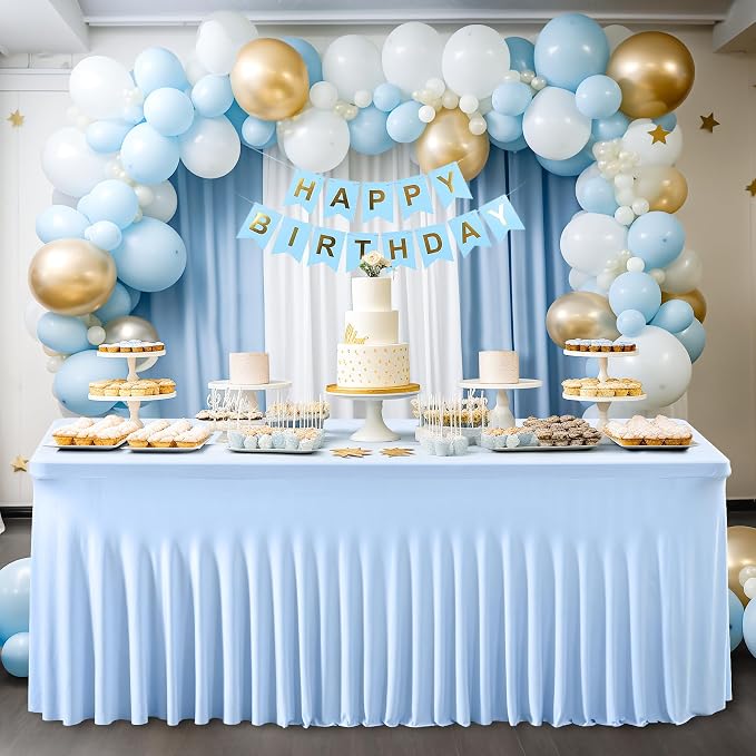 1 Pack Baby Blue Tableclothes for 8 Foot Rectangle Tables, One-Piece Wrinkle Resistant Stretch Spandex Table Covers with Skirt for Event Banquet Wedding Birthday Party