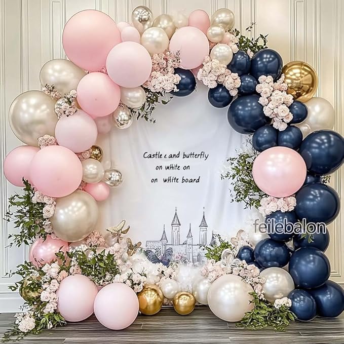Navy Blue Pink Gold Balloon Arch Kit Double Stuffed Dark Blue, Pastel Light Pale Pink, White Sand Pearl Balloon Garland for Birthday Baby Shower Gender Reveal Wedding Graduation Party Decoration