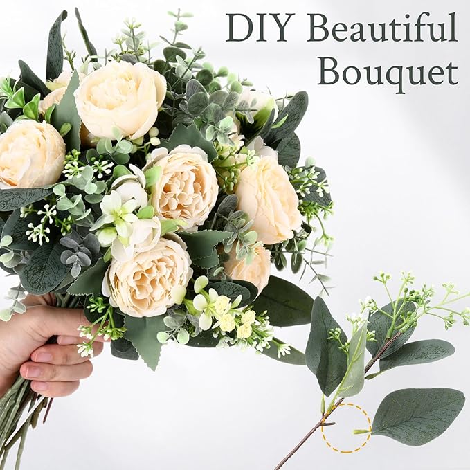 Janinka Mixed Eucalyptus Leaves Stems Bulk with White Seeds Artificial Silver Dollar Leaves Sprays Faux Oval for Wreath Garland Floral Bouquets Arrangement Wedding Greenery Decoration(170)