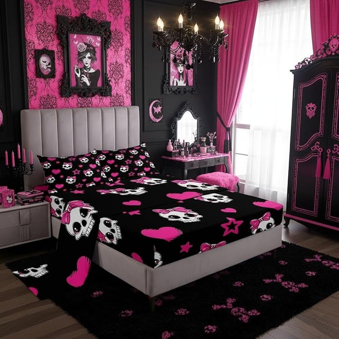 Cartoon Skull Bed Sheet Set Twin Size,Halloween Theme Cute Skeletons Sheet Set Kids Teens,Pink Hearts Stars Bow Black Bedding Decor Set with 1 Flat & 1 Fitted Sheet with 1 Pillow Sham