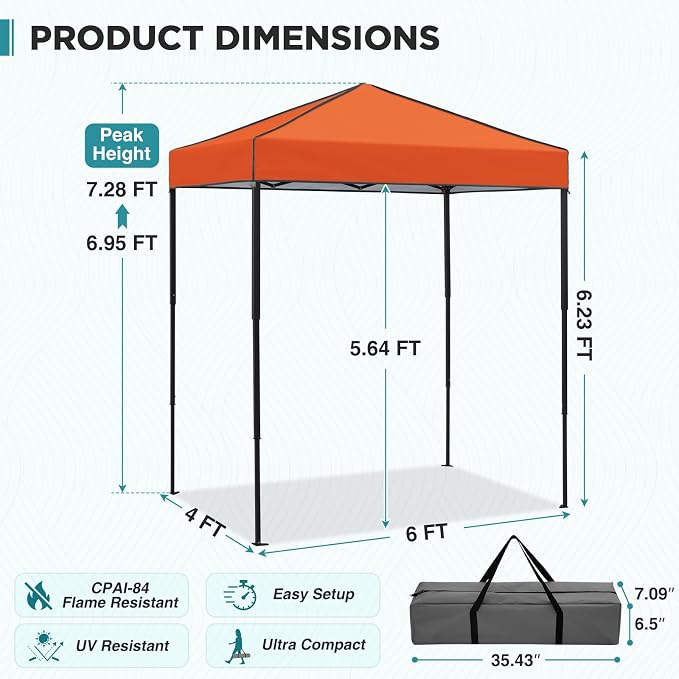 EAGLE PEAK 6x4 Instant Pop Up Canopy Tent, Straight Leg Sun Shelter, Portable Canopy with Carry Bag for Camping, Beach & Sports, Orange