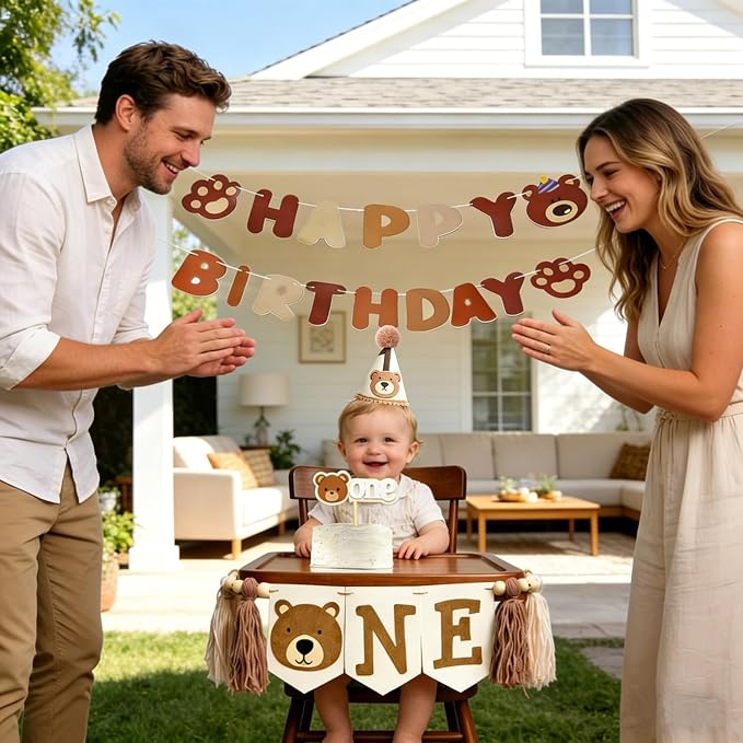1st Birthday Decorations For Boy Girl - Bear Birthday Party Decorations With Felt Happy Birthday Banner, Birthday High Chair Banner, Cake Topper & Party Hat, First Birthday Decor Kit For Baby Shower