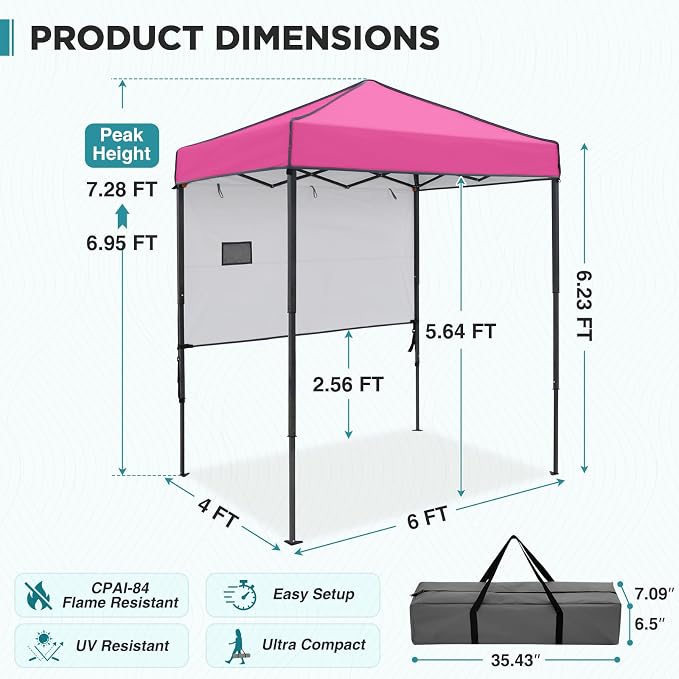 EAGLE PEAK 6x4 Instant Pop Up Canopy Tent with 1 Half Wall Panel, Straight Leg Sun Shelter, Portable Canopy with Carry Bag for Camping, Beach & Sports, Pink