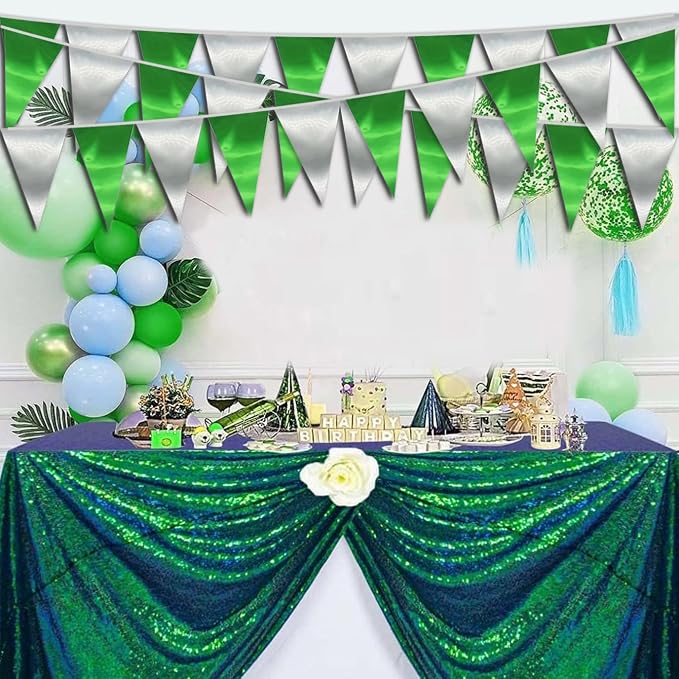 40M/130FT Green Silver Triangle Pennant Banner Flag Metallic Fabric Bunting Garland for Christmas Graduation Wedding Engagement Anniversary Bachelorette Birthday Bridal Shower Hen Party Supplies