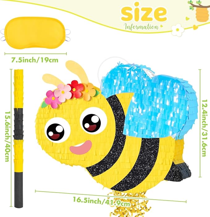 WERNNSAI Bee Piñata - Happy First Bee Day Decorations Cute Piñata with Blindfold and Bat for Kids Birthday Classroom Garden Party Game Supplies Baby Shower Spring theme Party Decorations