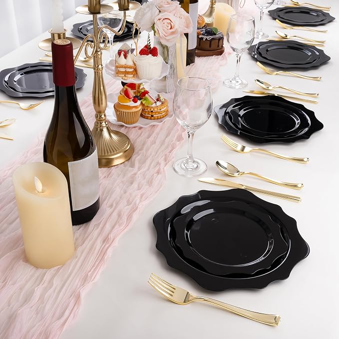 realluck 100 PCS Black Disposable Plates for 50 Guests, Scalloped Plastic Plates Include 50 Dinner Plates and 50 Dessert Plates for Party, Wedding, Graduation and Father's Day